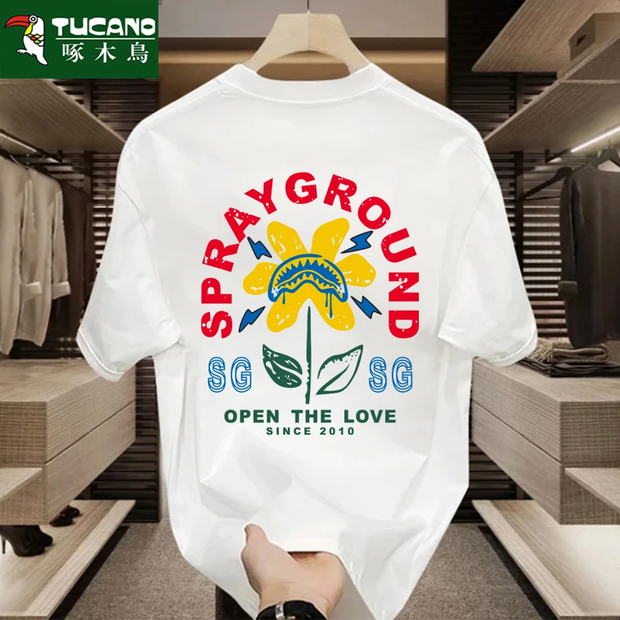 啄木鸟男士重磅短袖圆领宽松休闲潮流百搭夏季美式时尚印花纯棉T