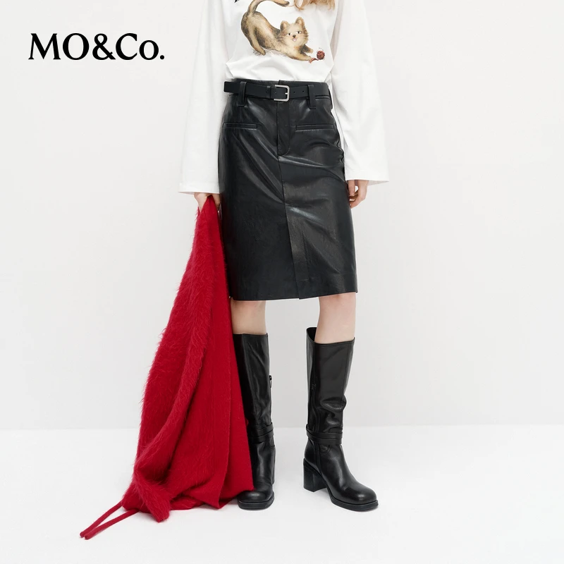 MOCO半身裙2025春新品PU素皮黑色直筒开叉附腰带高腰MBE1SKTT16