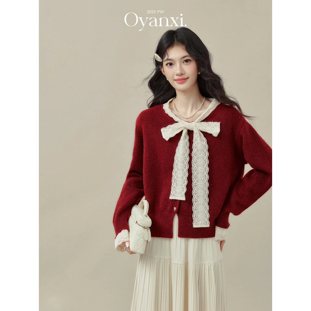 欧阳喜《试探性热恋》蝴蝶结毛衣开衫外套女秋冬季超好看红色毛衣