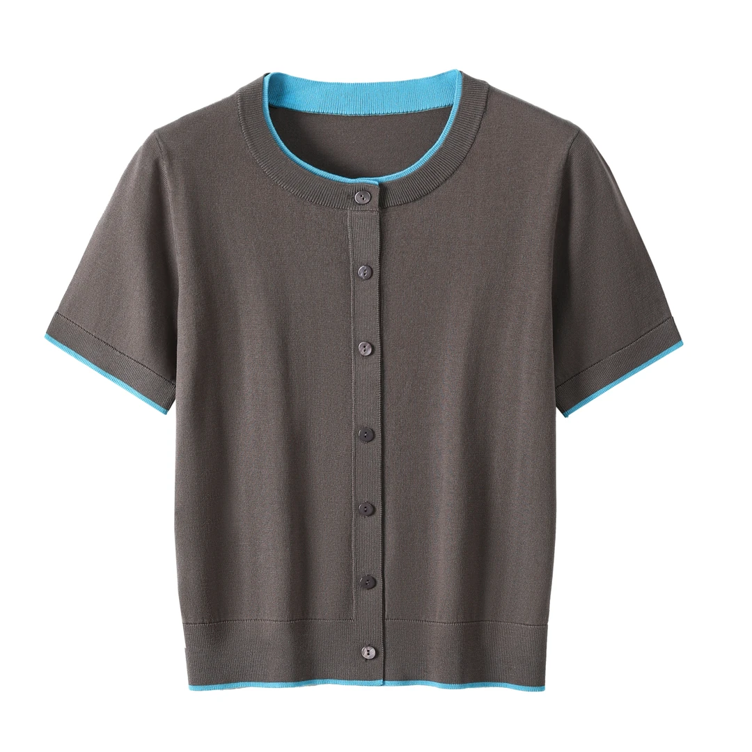 千柏年透气针织短袖T恤女正肩春夏撞色圆领别致假两件上衣-C1968