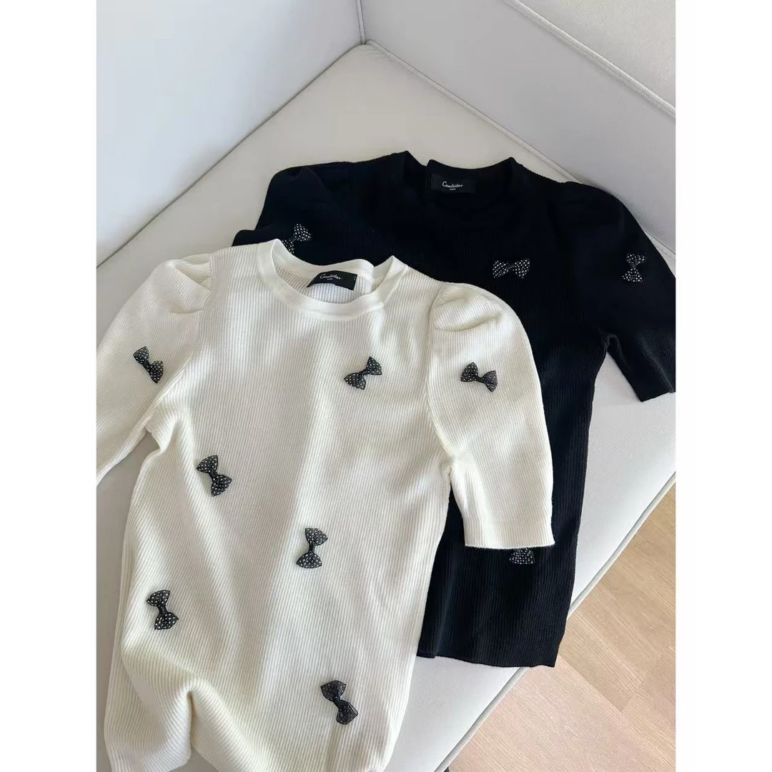 CANTIILAR 设计师款蝴蝶结针织短袖上衣 FL7241