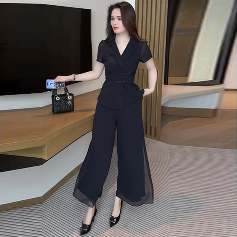 小个子百搭时尚套装女2025年夏季新款西装领上衣阔腿长裤两件套潮