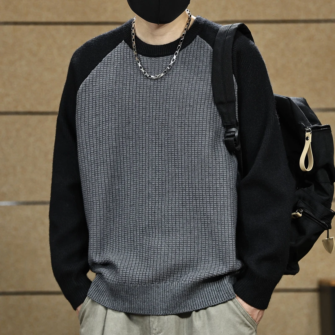 高端插肩袖毛衣男士秋冬季新款撞色拼接针织衫宽松圆领线衣服男装