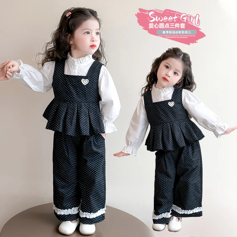 女童春季小香风套装2025新款小女孩时髦甜美马甲阔腿裤三件套儿童