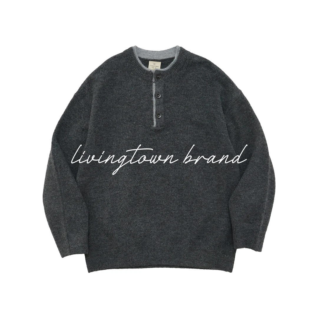 LIVINGTOWN 日系复古简约基础休闲宽松百搭拼色亨利领套头针织衫