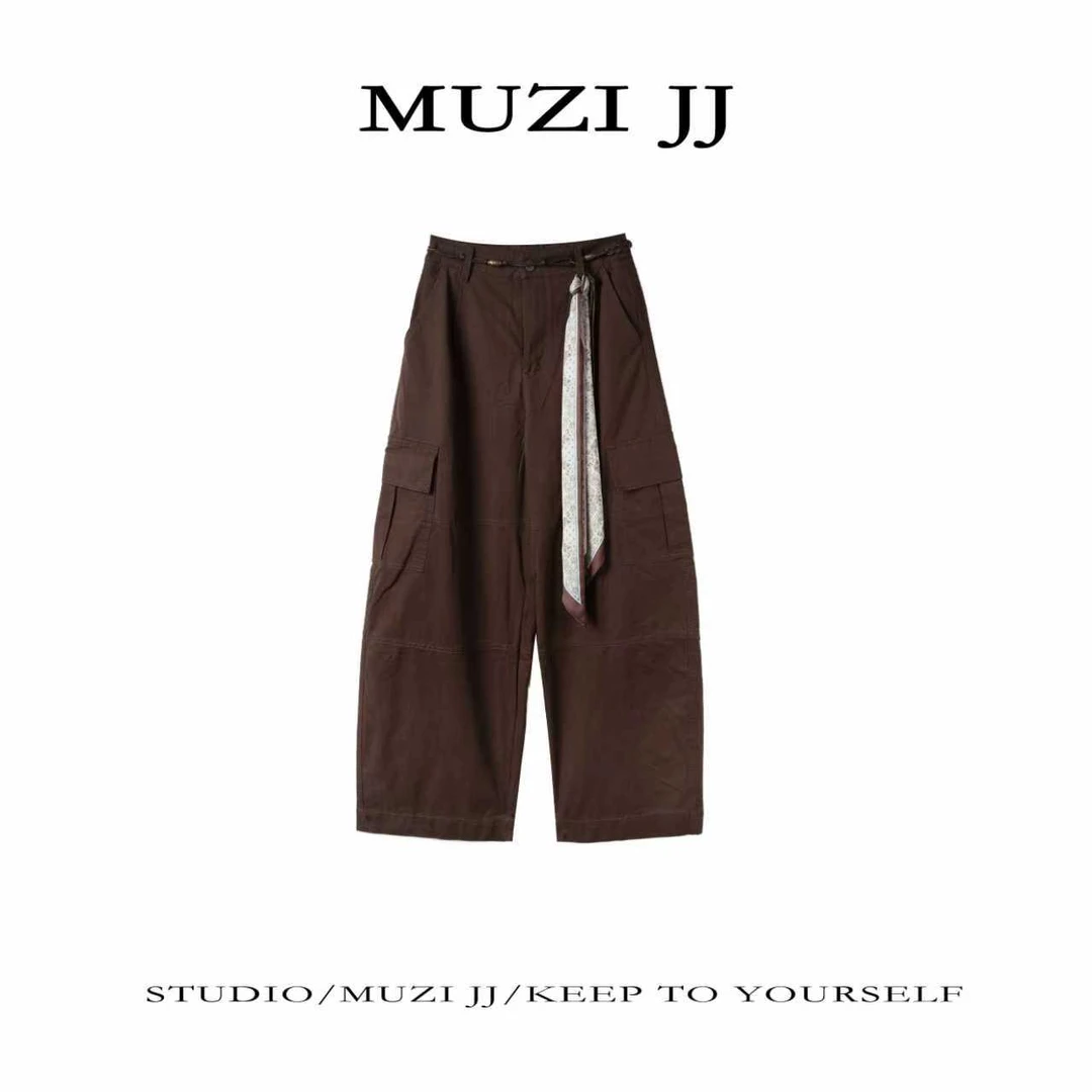 MUZI-25-780#美式复古时尚百搭弯刀阔腿休闲工装裤