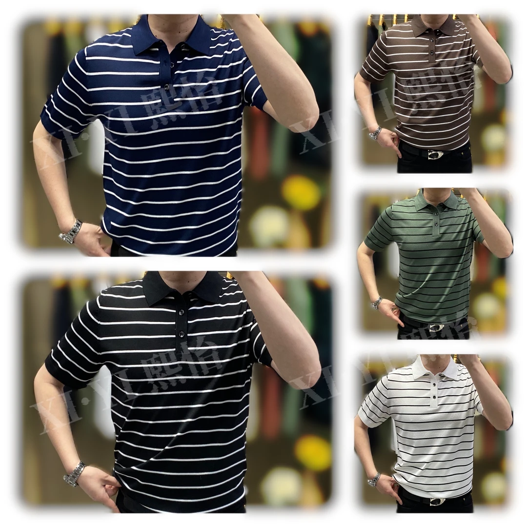【XI.YI/熙怡】夏季新款条纹撞色商务休闲男士莱赛尔翻领短袖12757