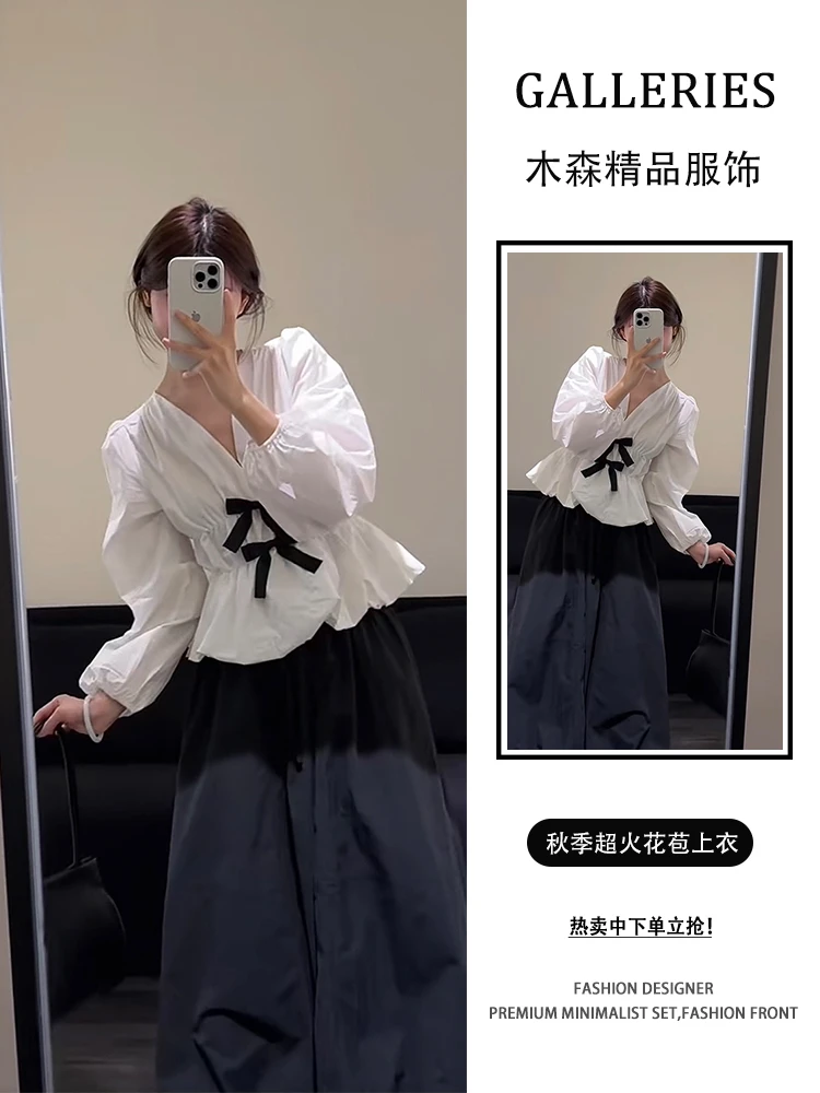 法式设计感蝴蝶结白色V领衬衫女秋季新款收腰显瘦巨好看花苞上衣