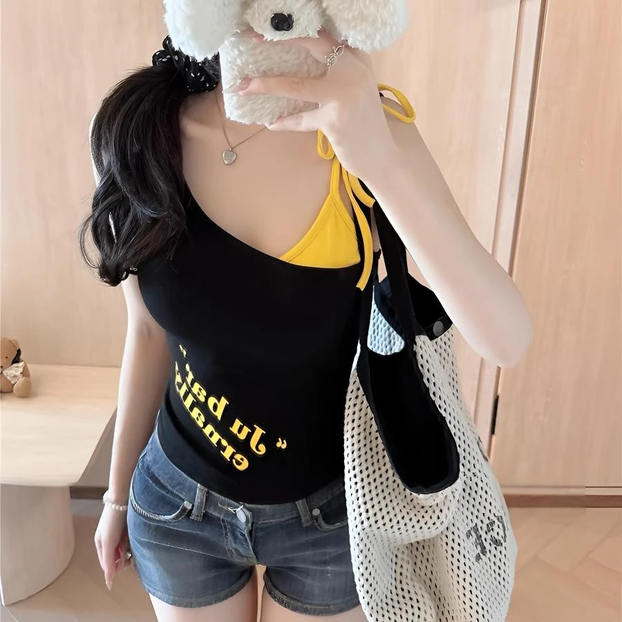 夏季新款甜辣风字母印花斜肩绑带性感背心女修身带胸垫百搭上衣