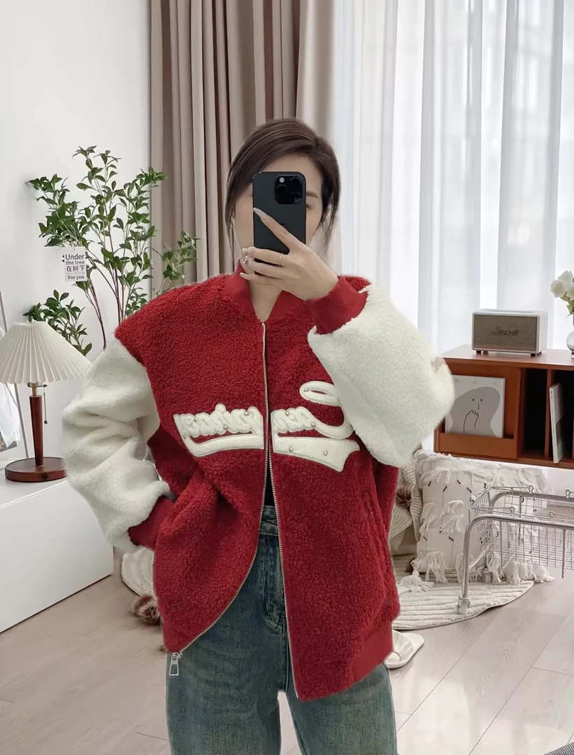 2024冬季新款时尚百搭休闲宽松加绒保暖颗粒绒棒球服外套