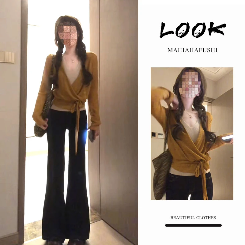 秋季一整套女装2025新款韩版交叉罩衫吊带背心高腰微喇裤子三件套