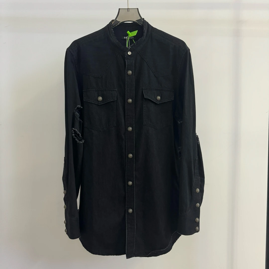 99新 BALMAIN/巴尔曼 黑色水洗破洞牛仔衬衣 38码 99新 GM000918