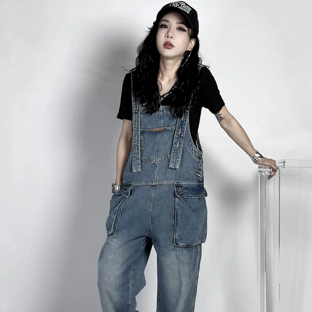 z.dage夏季裤子个性双兜背带连体牛仔长裤女款裤子-T1201