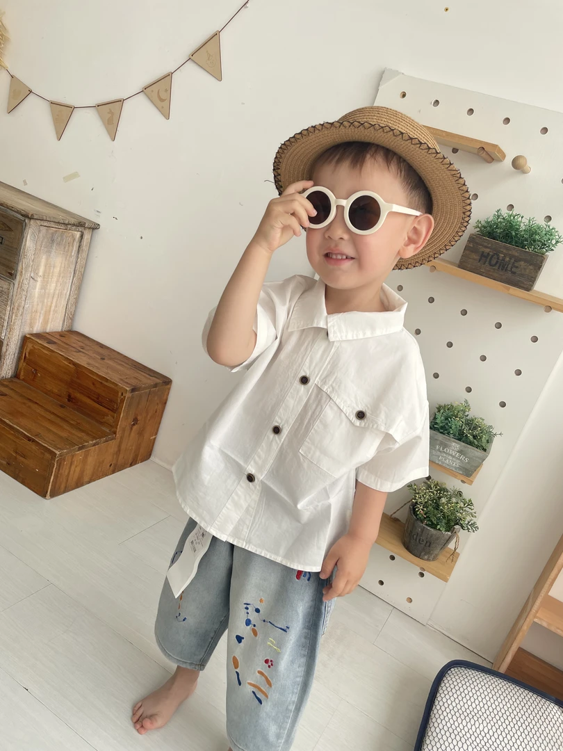 短袖男立领夏季休闲民族风衬衫童装上衣韩版宝宝时尚洋气百搭夏款