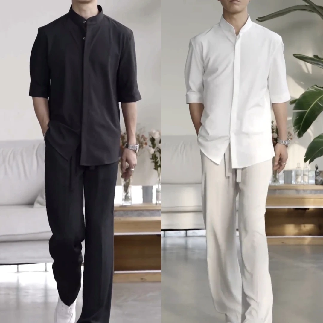 时尚复古纯色男女同款夏季薄款垂感冰丝衬衣休闲裤两件套运动套装
