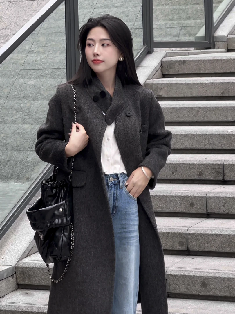 冬日暖阳羊毛大衣骆驼绒女士双面呢保暖时尚长款韩版高领加厚
