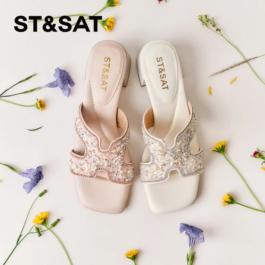 星期六25夏新款甜美仙女风镂空水钻粗跟凉拖SSD2110530