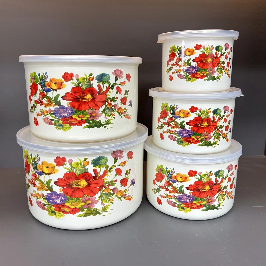 加厚珐琅搪瓷带盖保鲜盒储藏密封碗冰箱保鲜碗【七彩缤纷】