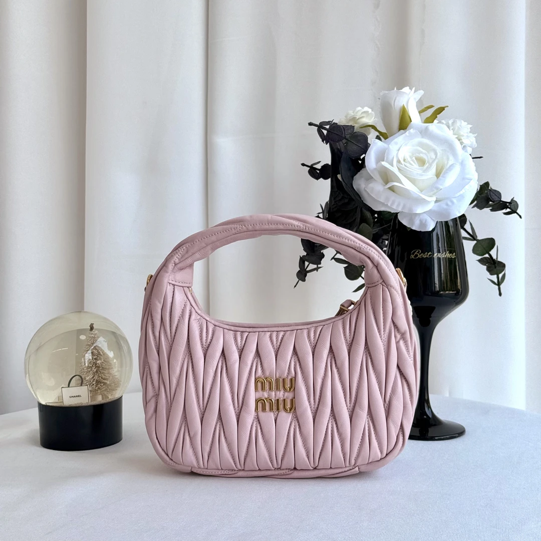 99新 MIU MIU/缪缪 miumiu粉金wander 小号褶皱手提hobo包