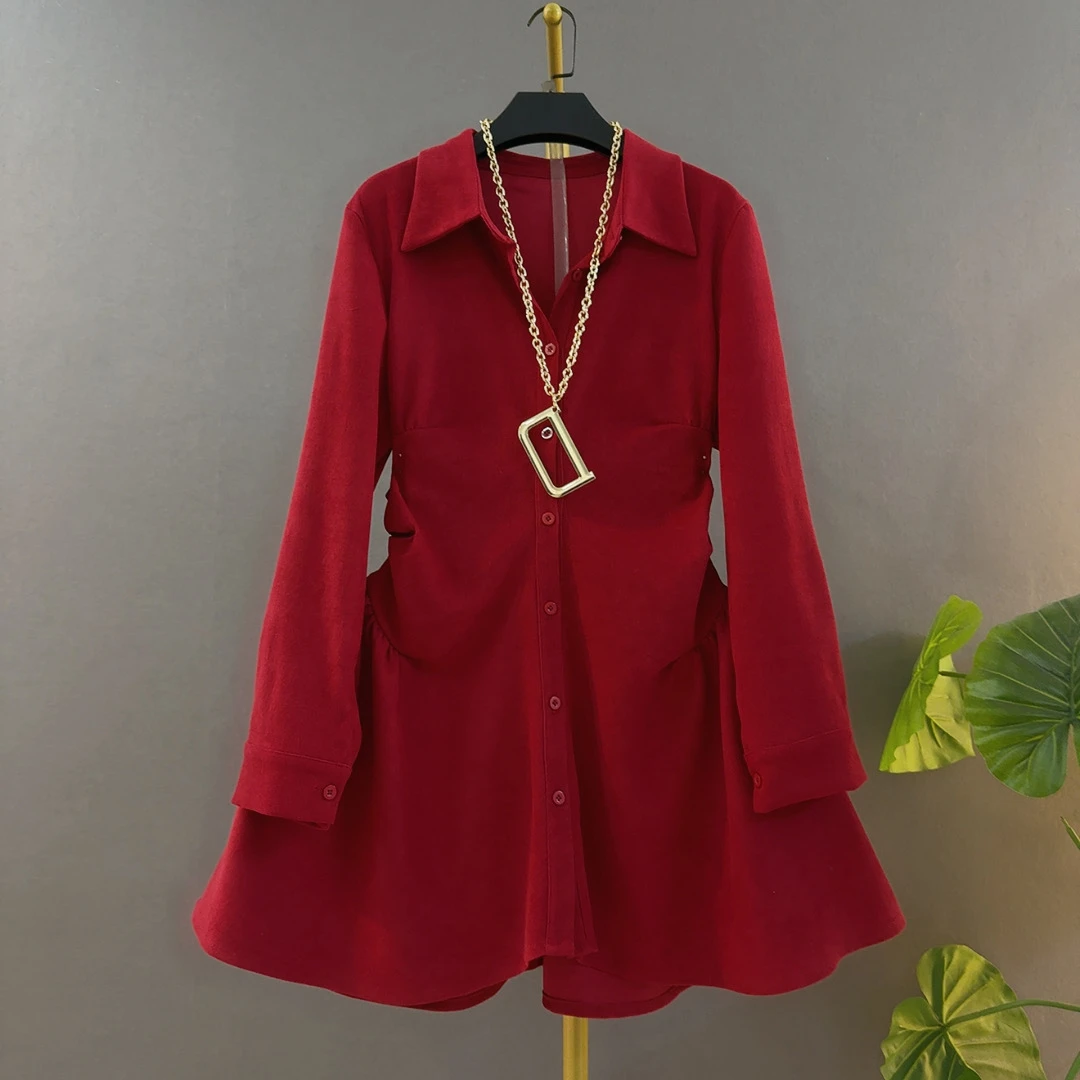 胖妹妹新款时尚设计感褶皱宽松遮肉中长款大码女装衬衫连衣裙