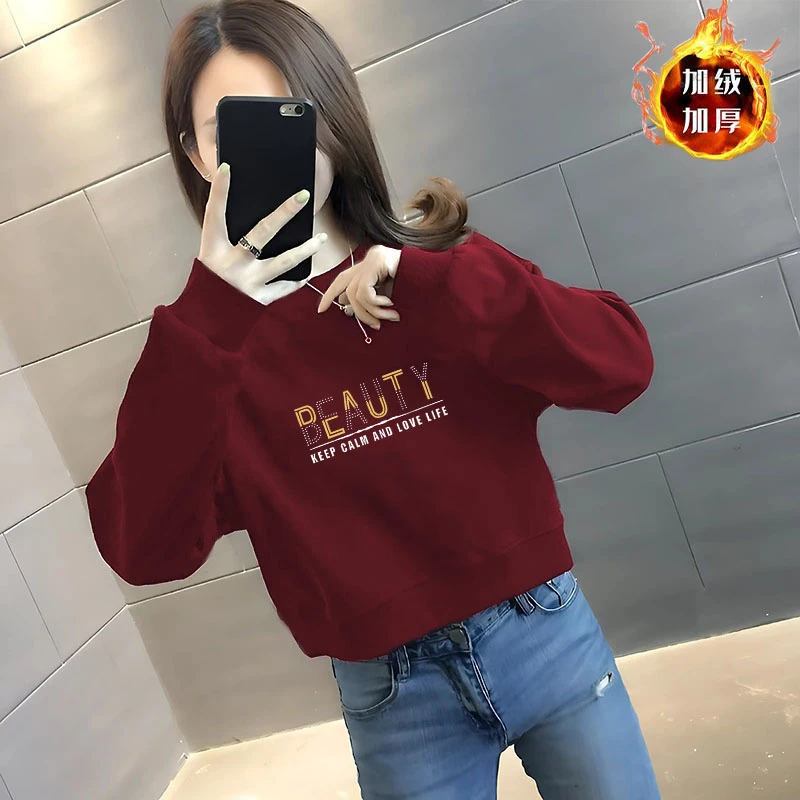 华棉短款设计感圆领卫衣女士秋冬季加绒/不加绒2025新款套头上衣