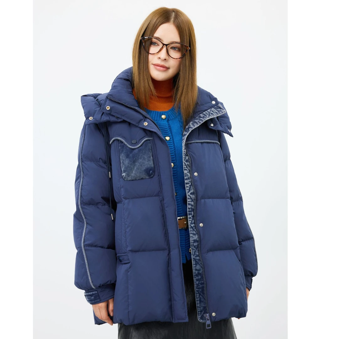 拼接连帽羽绒服女中长款2025冬新款白鸭绒加厚保暖羽绒外套78297