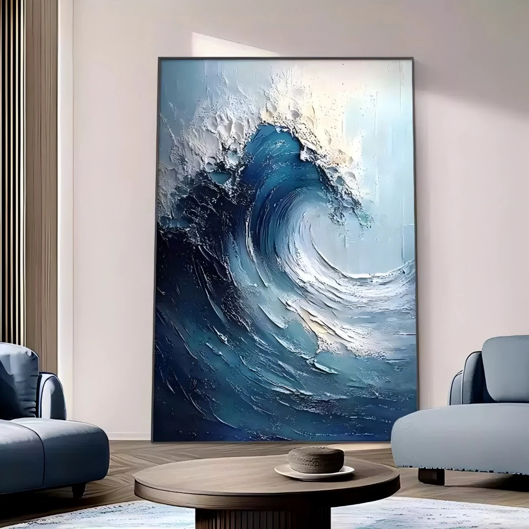 风生水起砂岩颗粒挂画意式玄关装饰画3D抽象海浪入户走廊过道挂画