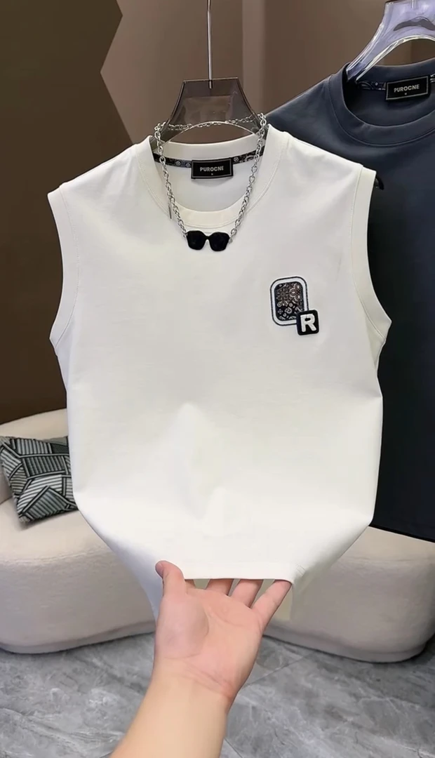 2024夏季新款潮流纯棉无袖运动坎肩背心男ins时尚简约个性印花T恤