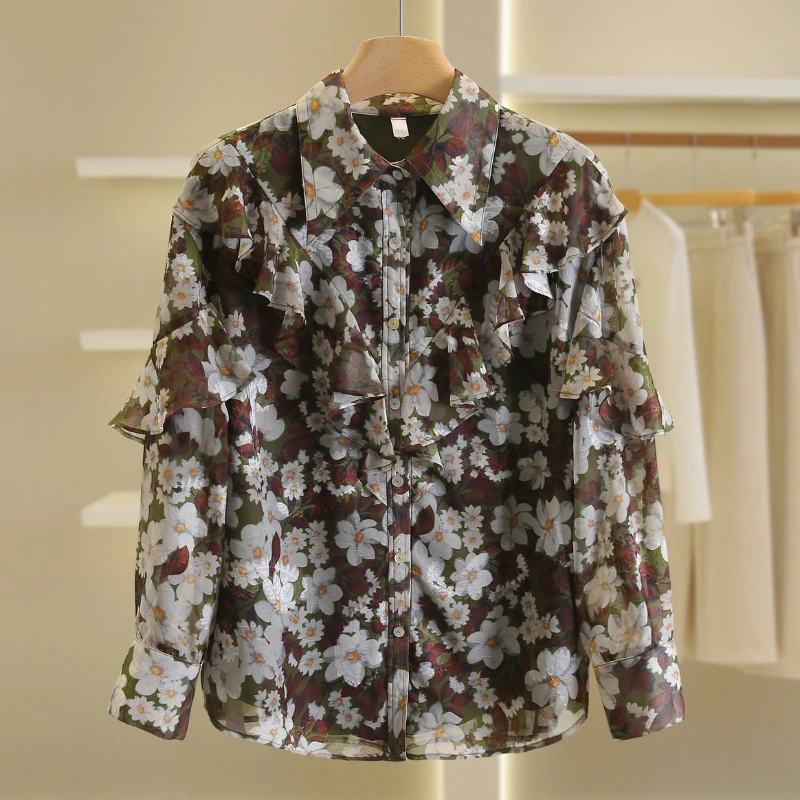 【伍莎-自营】荷叶边碎花宽松长袖雪纺衬衫#GAS48S013