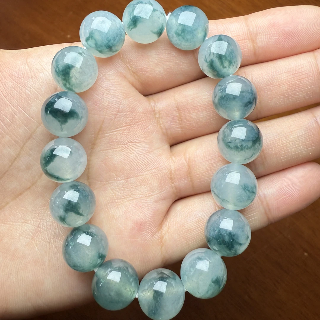 缅甸翡翠A货 糯冰种飘花男士手链12.7mm/16颗