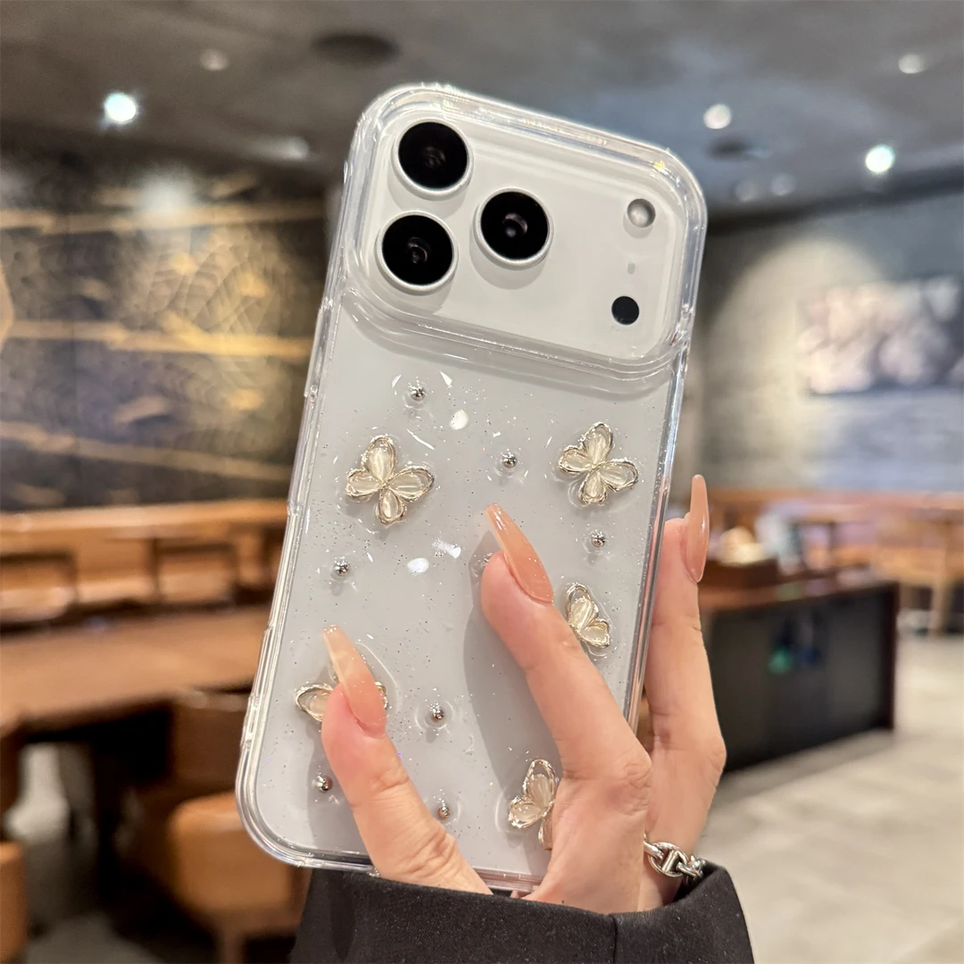 闪粉立体蝴蝶适用苹果17promax手机壳轻奢iphone16pro高级感17air