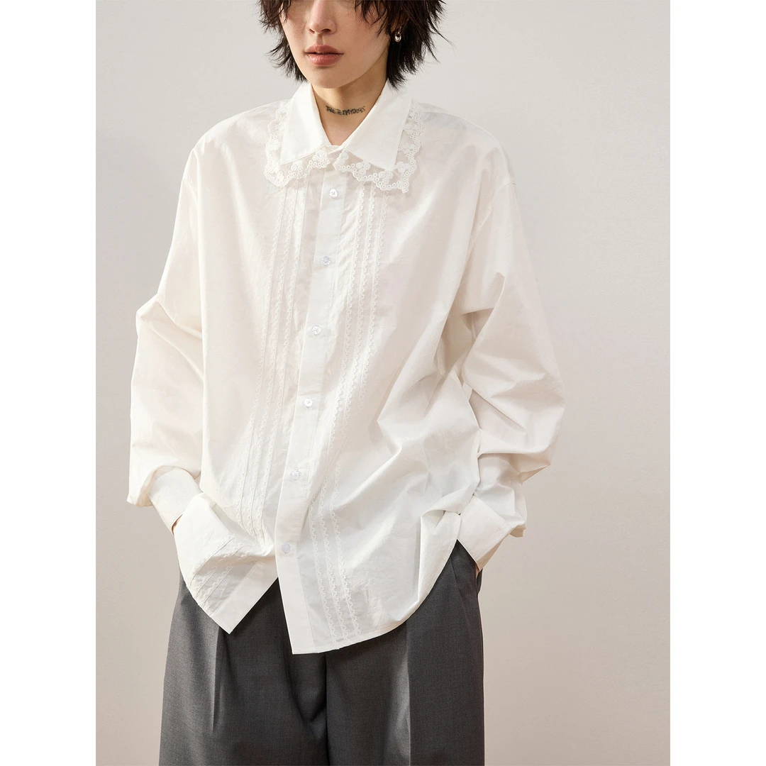 sameuoo「爱德华系」蕾丝花边长袖白色衬衫外套女秋冬季内搭衬衣