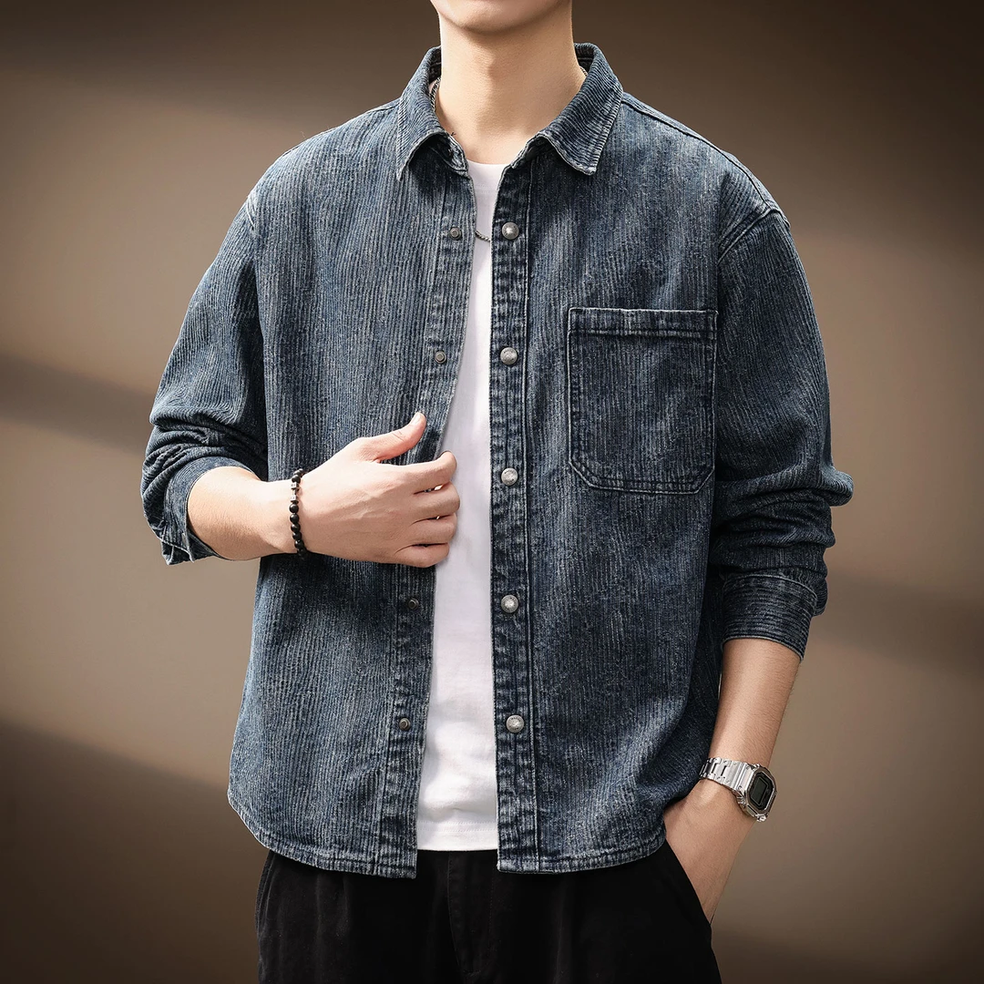 MR.MUDI/穆迪先生高端美式重磅竖条肌理感水洗衬衫男2025秋季新款