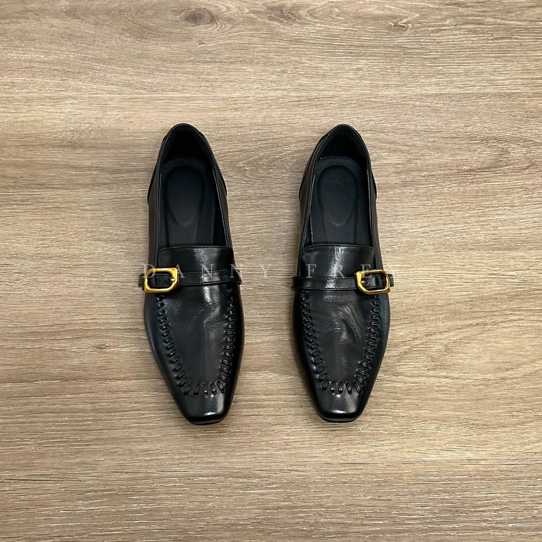 Dannyfrey简约轻复古编织头层牛皮金属扣老钱风一脚蹬乐福鞋2CM