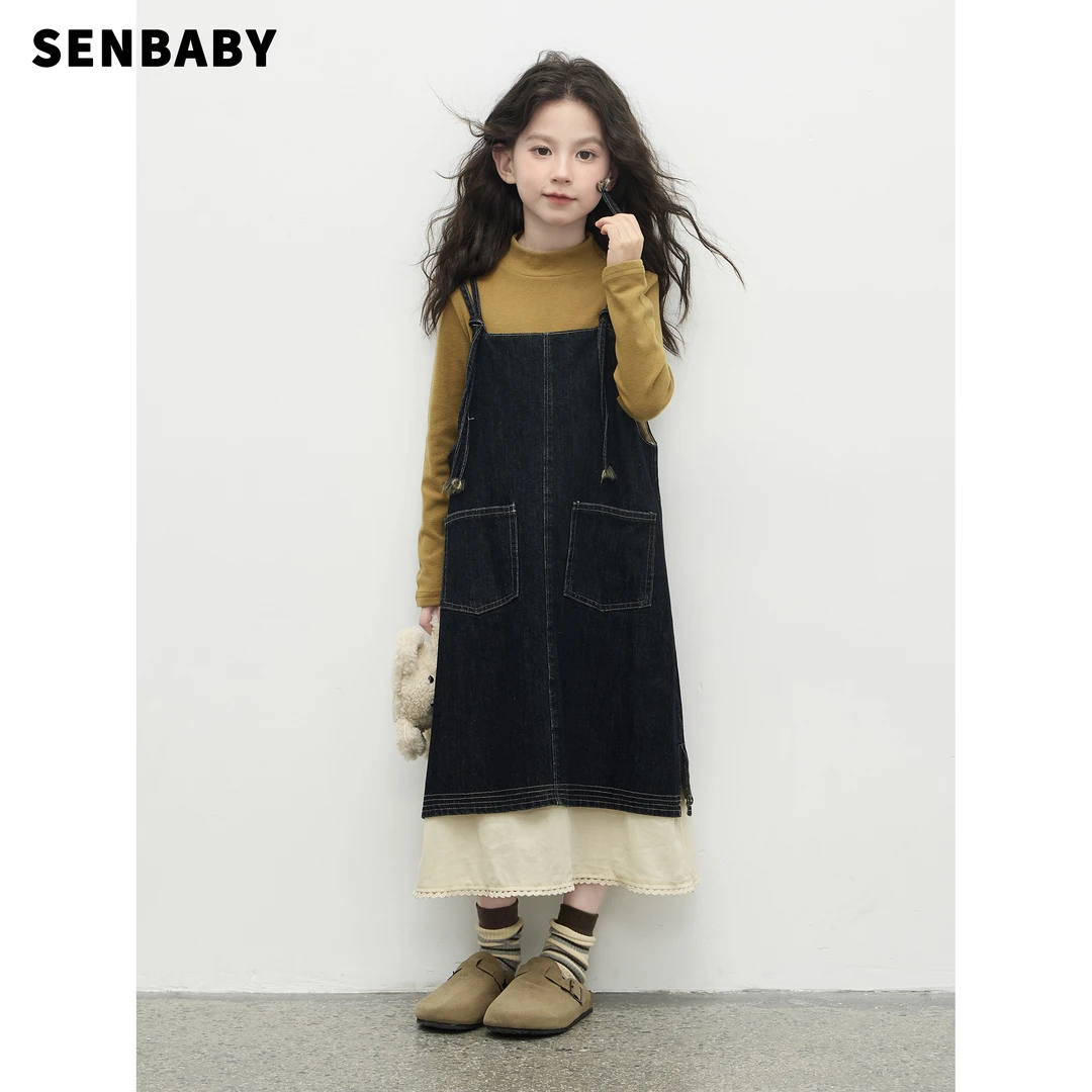 【现货】senbaby女童冬新款洋气牛仔吊带裙时尚拼接下摆背带连衣裙