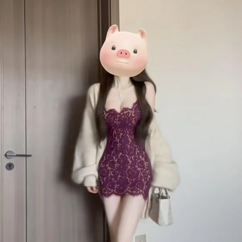 【薄荷雪糕】辣妹风紫色性感蕾丝印花气质显身材低领吊带包臀连衣裙