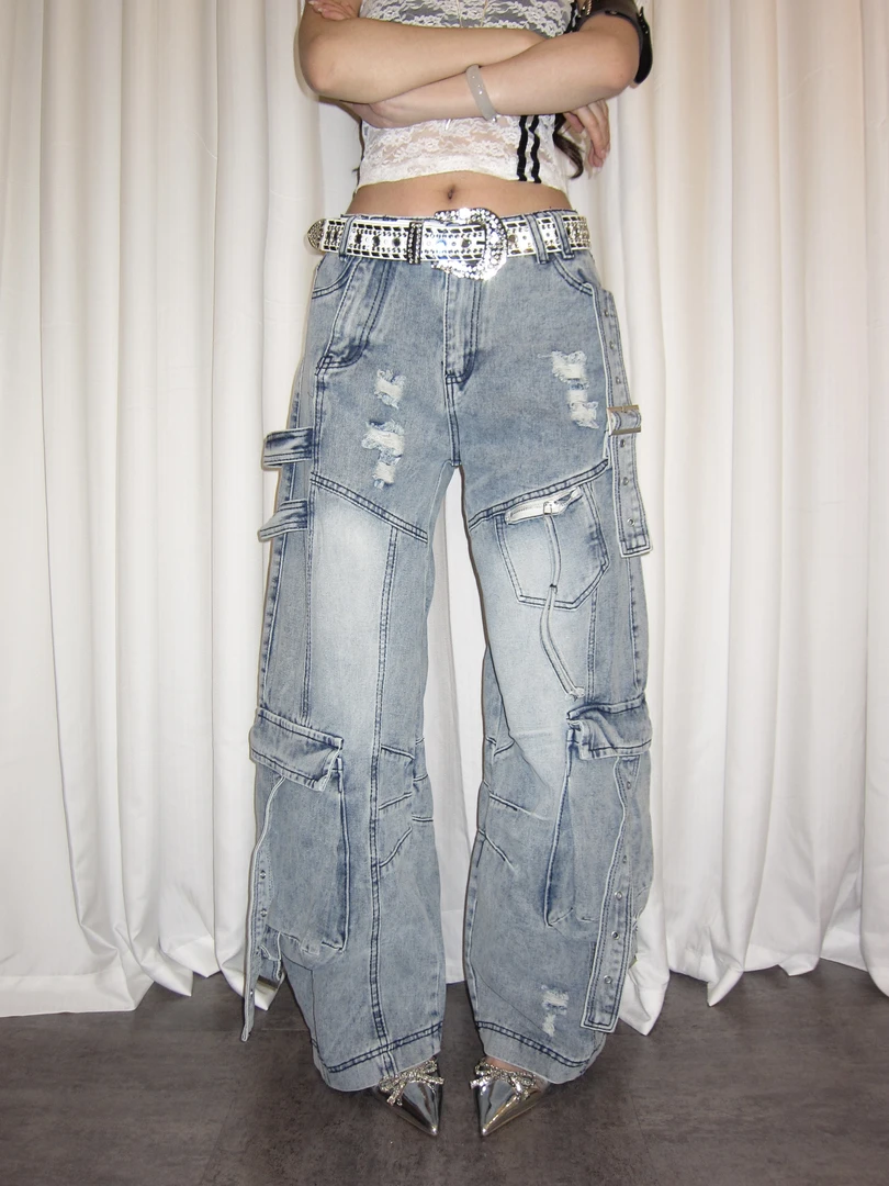 6NE  重磅解构多口袋牛仔裤女早春小众设计感美式高街阔腿裤复古