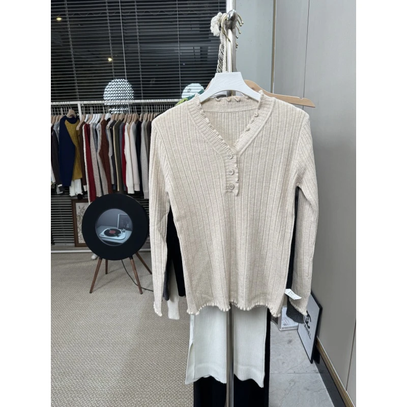 ZHJ411 知禾集 木耳边针织上衣打底衫女秋冬简约V领修身气质内搭