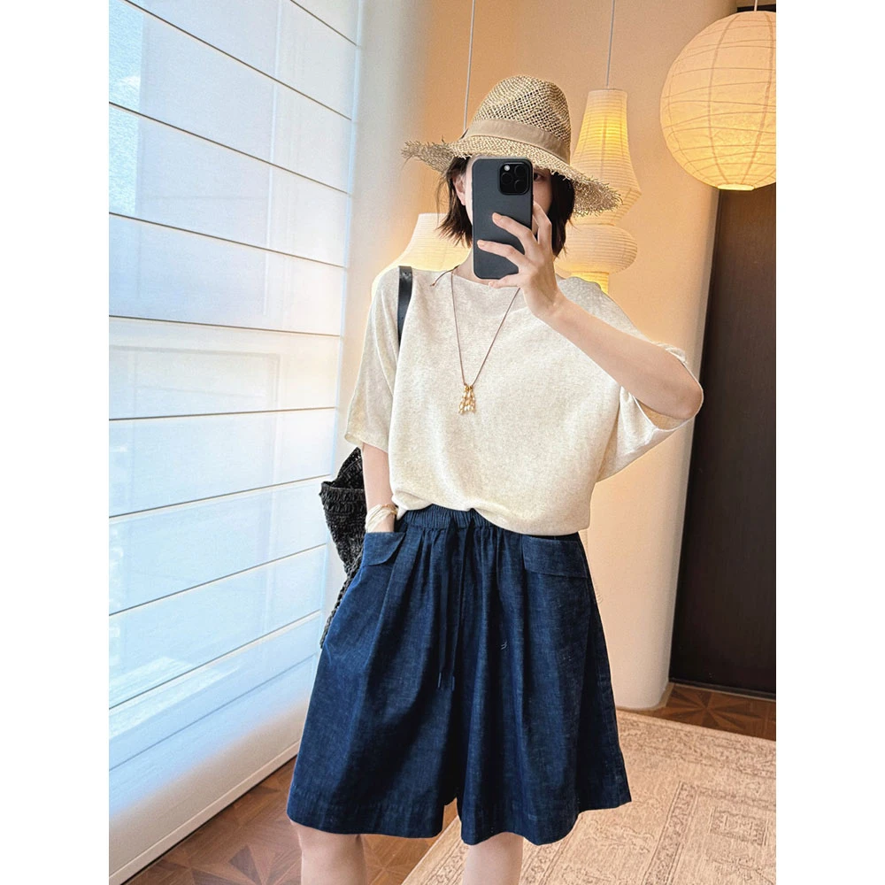 【MGDM】牛仔蓝大口袋宽松阔腿松紧抽绳休闲五分短裤女夏DDJ25272