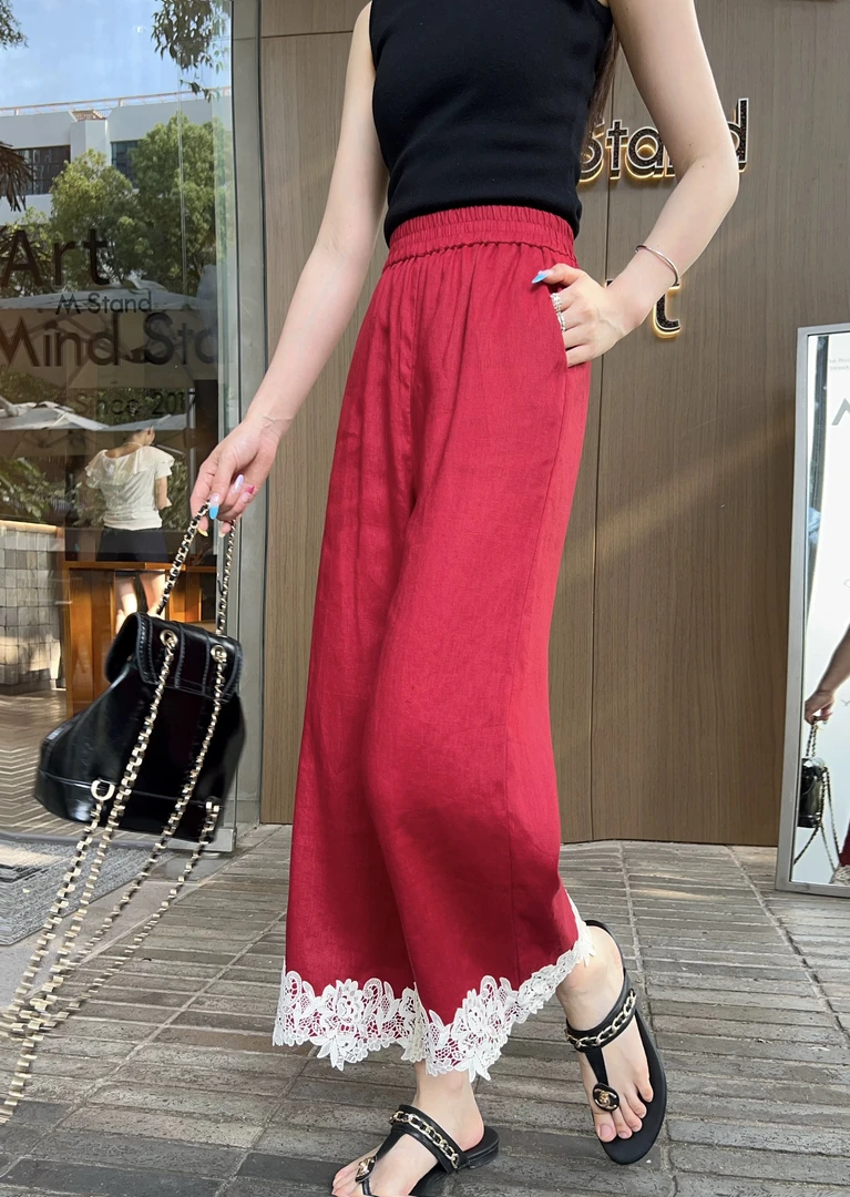 【南油颖颖】新款欧货显瘦百搭蕾丝拼接直筒九分裤亚麻阔腿裤260082
