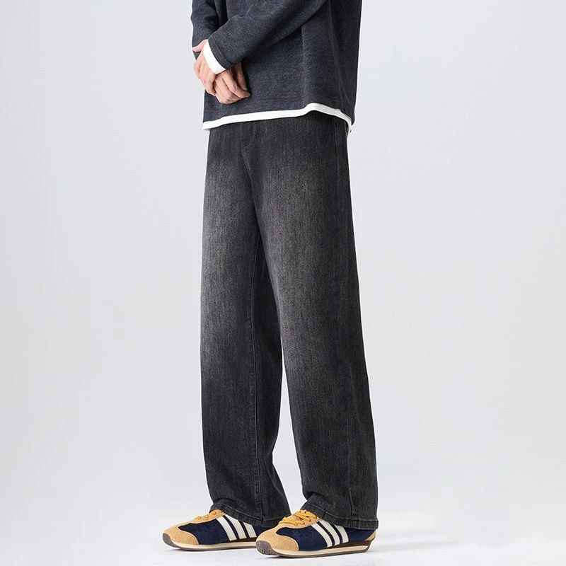 20025男士秋冬纯色简约百搭宽松直筒半松紧腰牛仔长裤9138