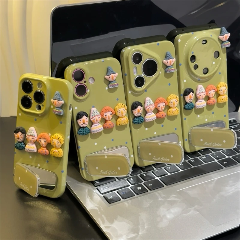 立体卡通小人偶镜子支架适用苹果16promax手机壳华为vivo小米oppo