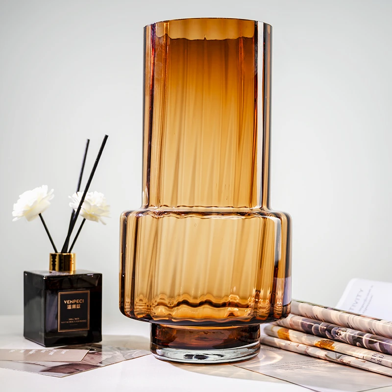 [豆豆]H081现代透明玻璃花瓶鲜花插花棕色竖棱双层直筒装饰摆件
