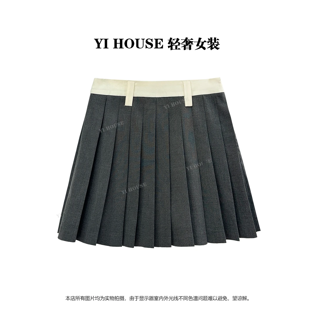 Yihouse2025春秋新款时尚简约灰色拼接高腰时尚显瘦百褶短裙