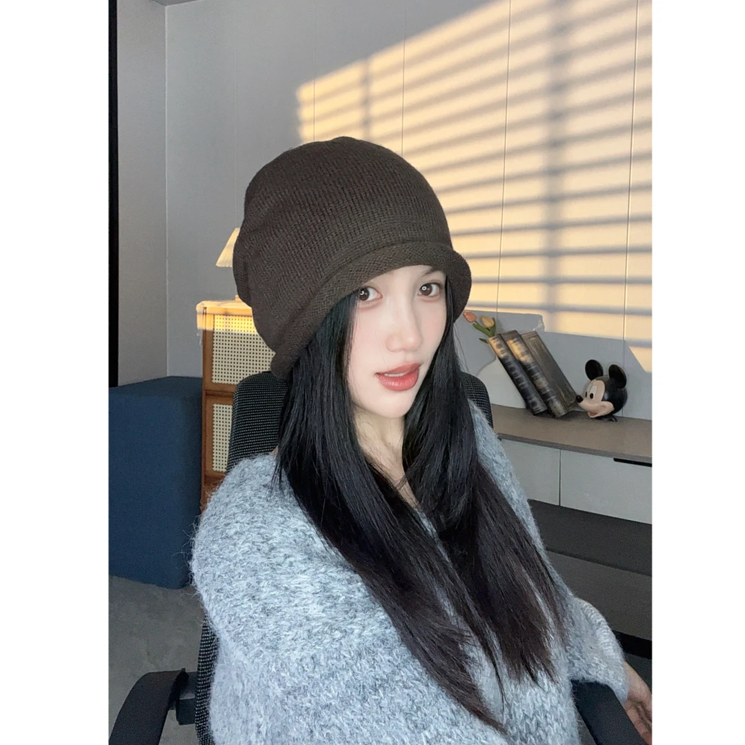 2025新款卷边抽绳堆堆帽秋冬显脸小冷帽大头围针织帽包头素颜帽女