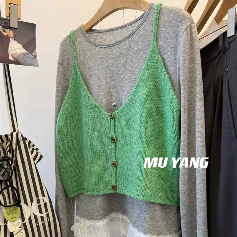 【开播活动】绿色小清新针织吊带背心女上衣打底衫夏季马甲V领叠穿