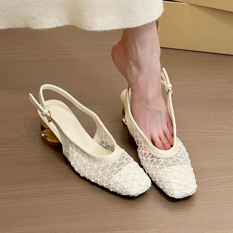 摩登女主！气质方头编织包头后空凉鞋女春2025新款夏季水晶跟单鞋