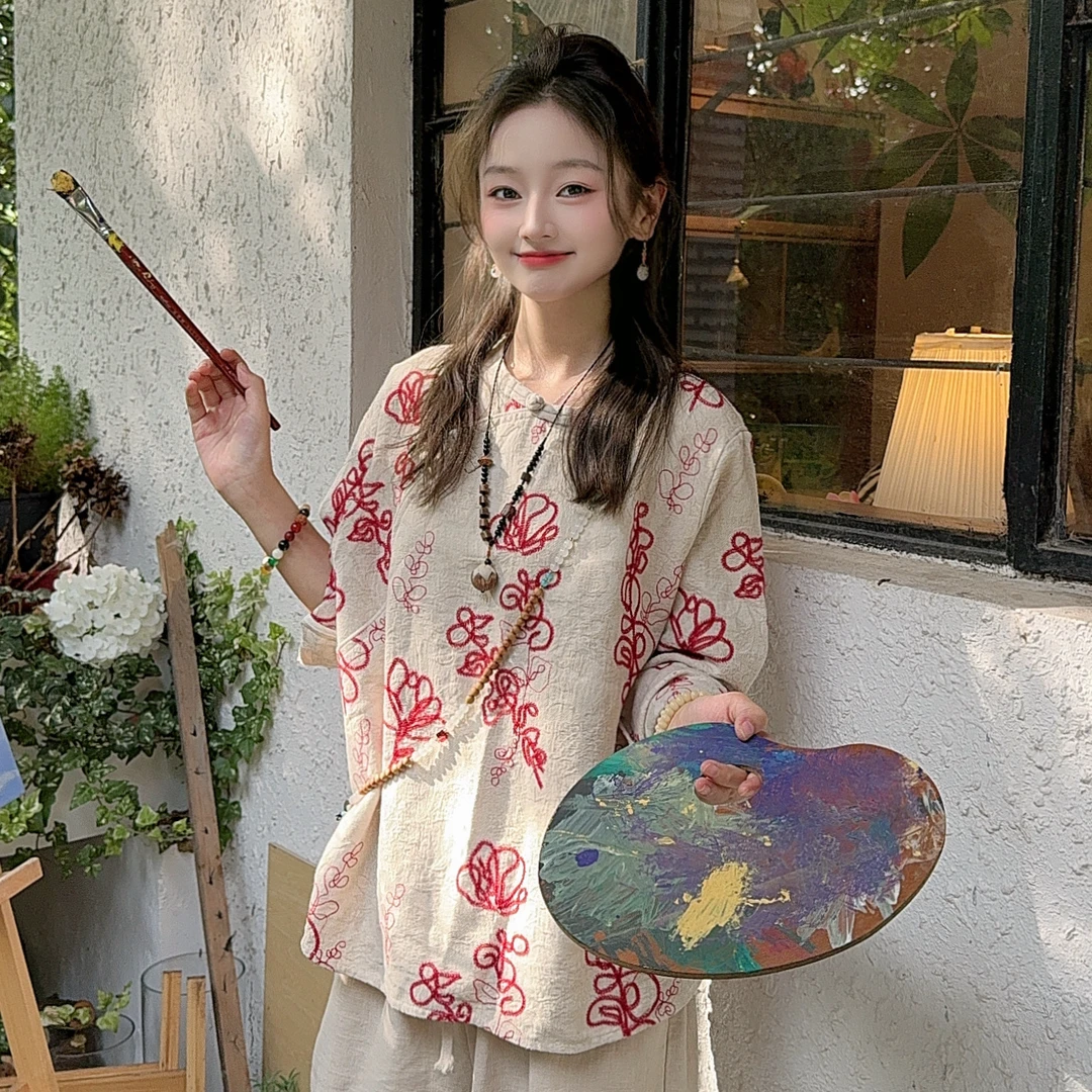 文艺复古亚麻国风斜襟刺绣立体绣花中式小衫原创设计时尚百搭上衣
