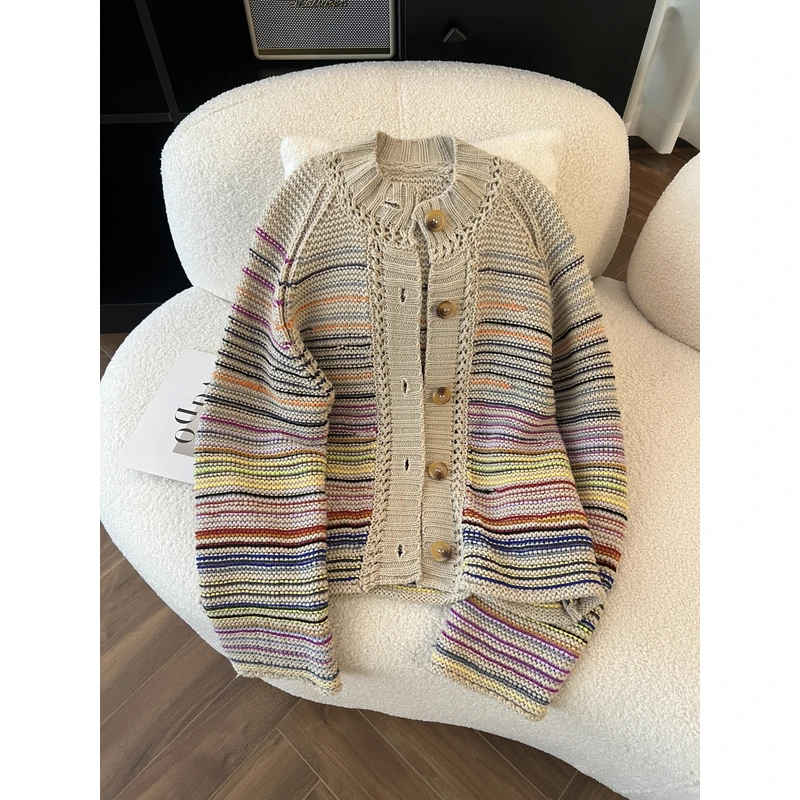 KAISIO春秋彩虹撞色条纹休闲百搭套头针织开衫2412091