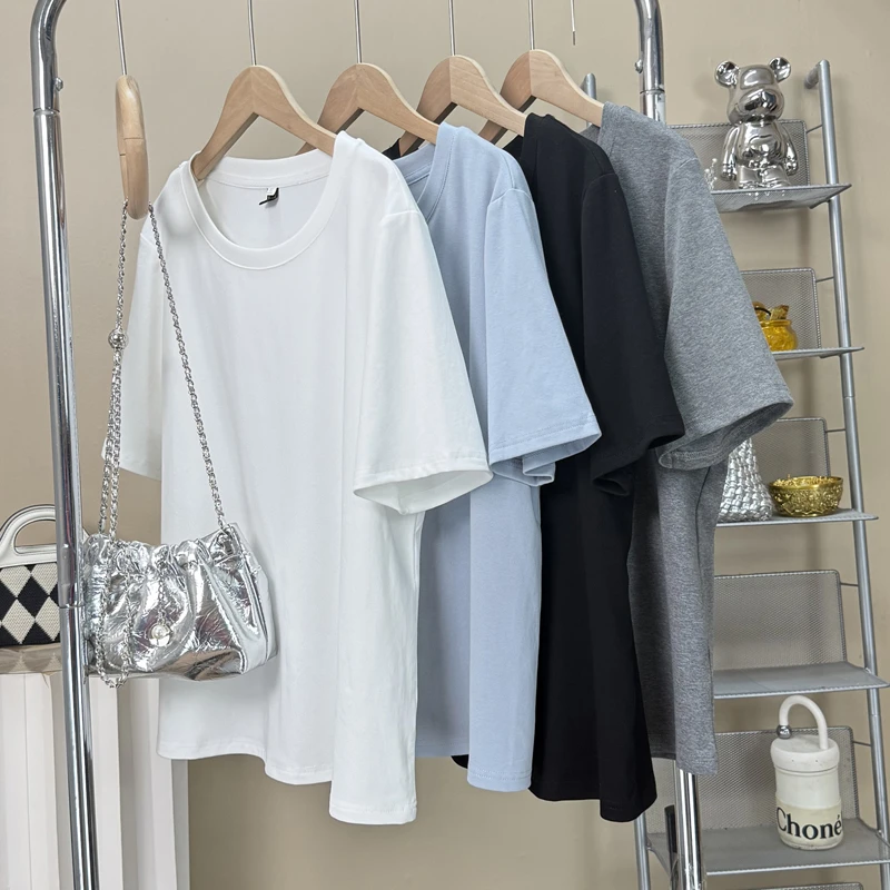 大码女装纯色系圆领上衣2025年春季新款宽松显瘦百搭简约休闲T恤